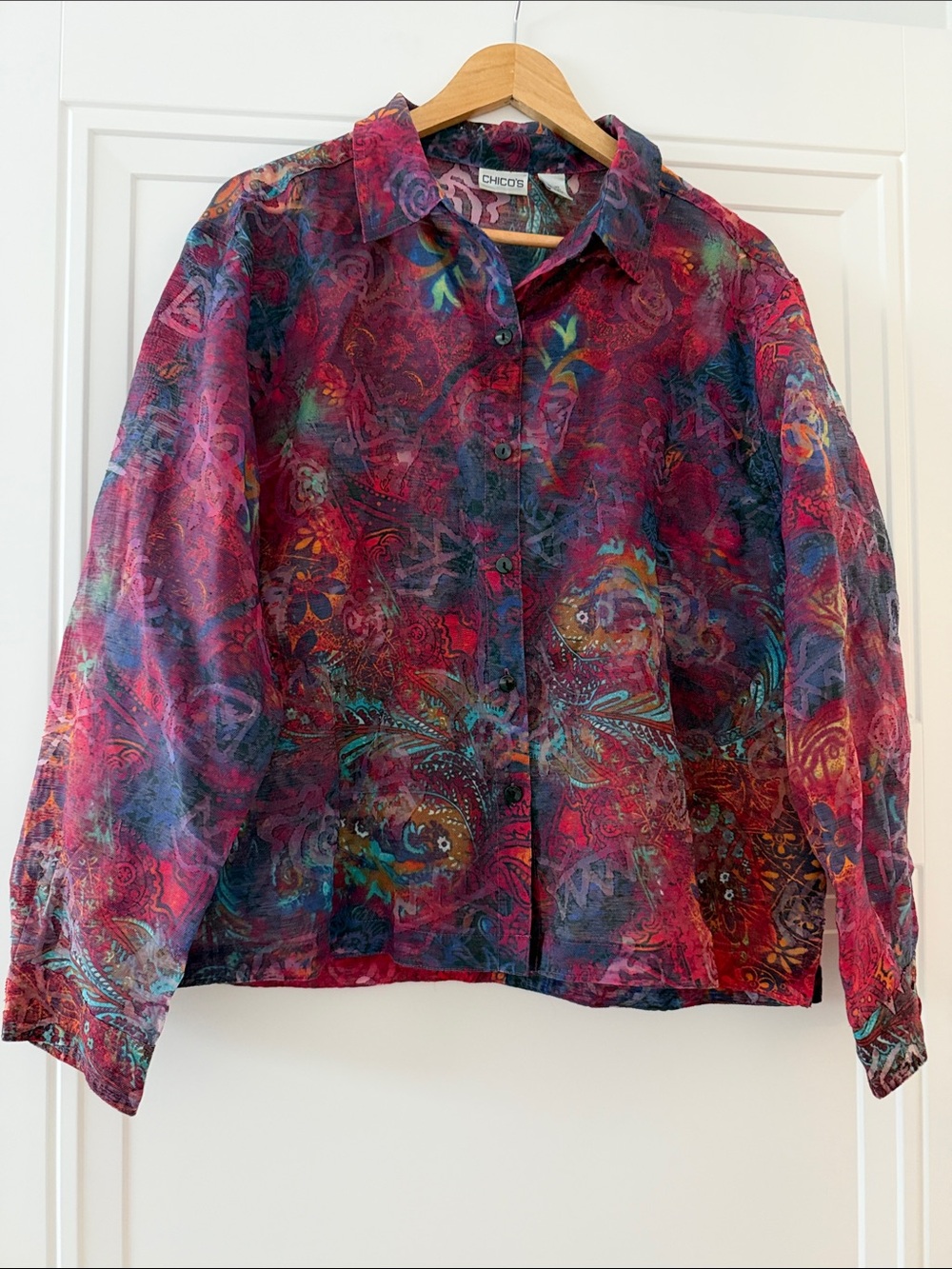 Chico's Sheer Multicolor Geo-Print Button Front Shirt/Jacket